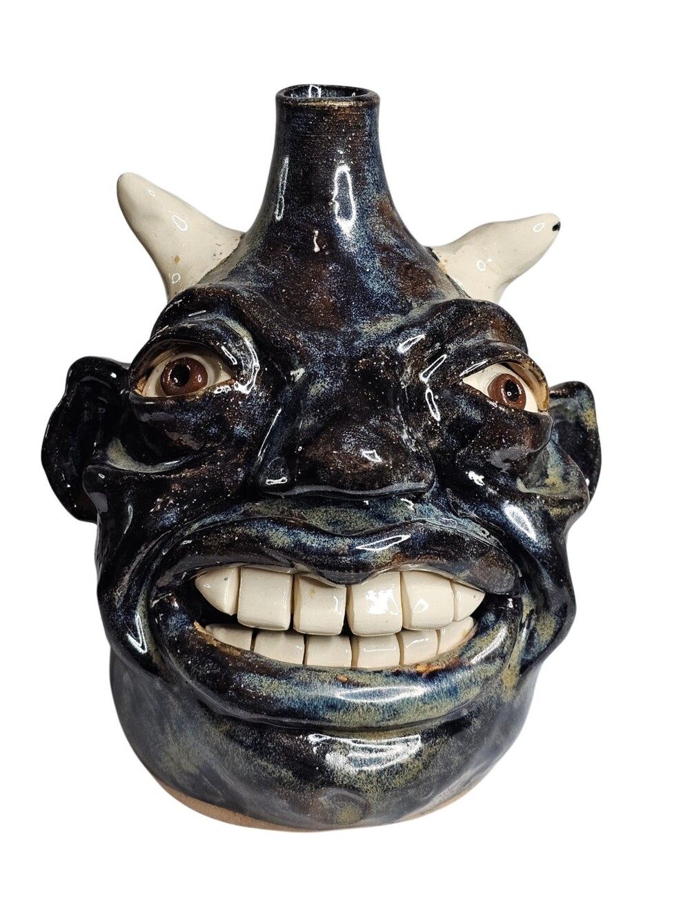 J.G. Dunning Face Jug Southern Folk Art Pottery Devil Beast Horns 2006 Signed 6"